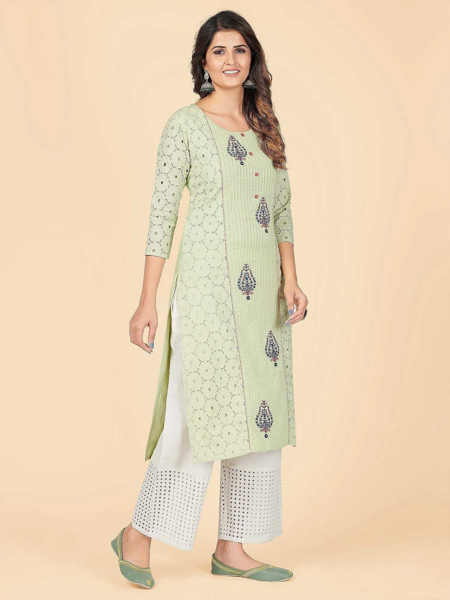 Women'S Chikankari & Embroidered Straight Cotton Pista Stitched Kurta