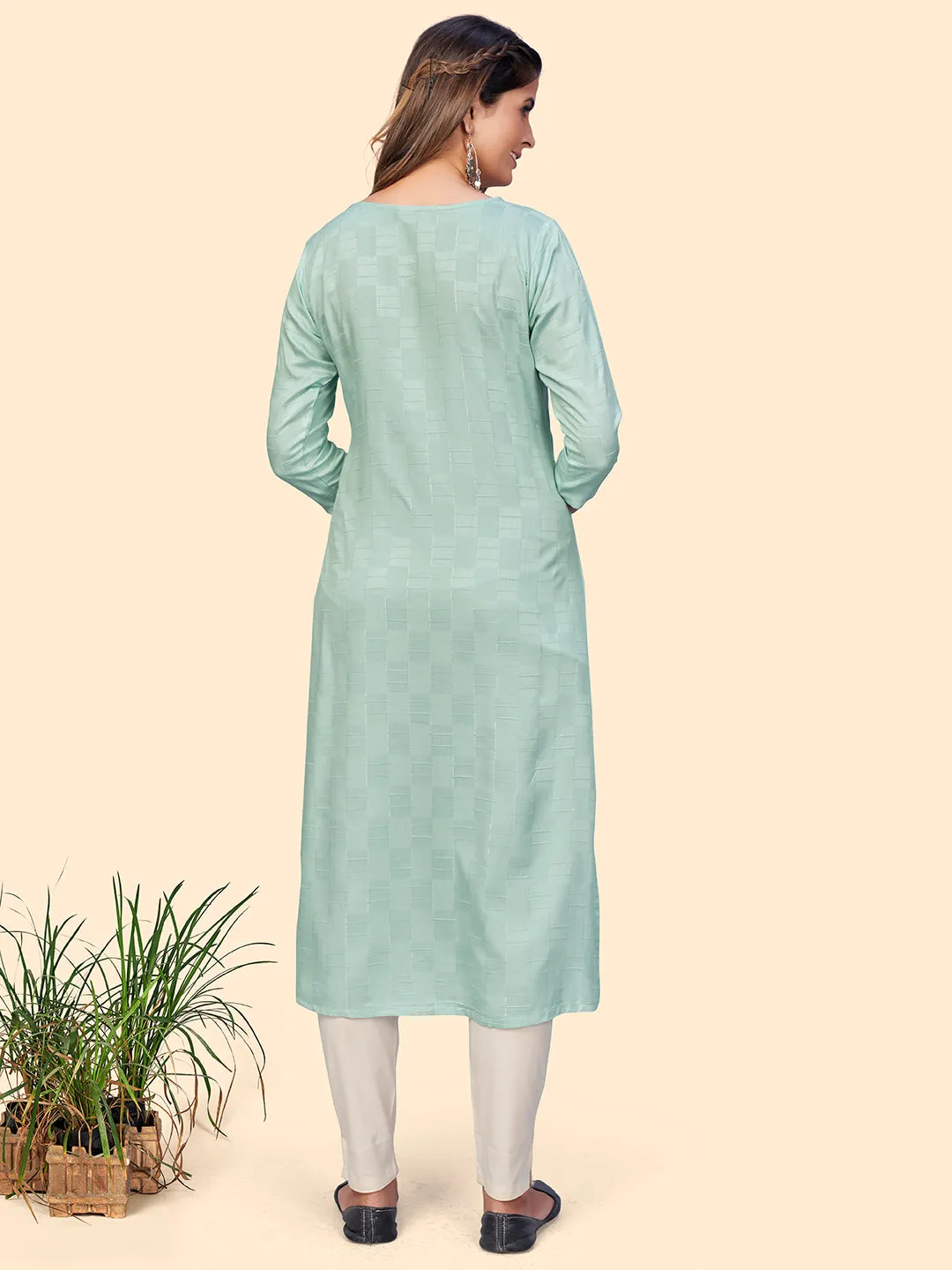 Women'S Embroidered & Mirror Straight Fancy Rayon Grey Stitched Kurta