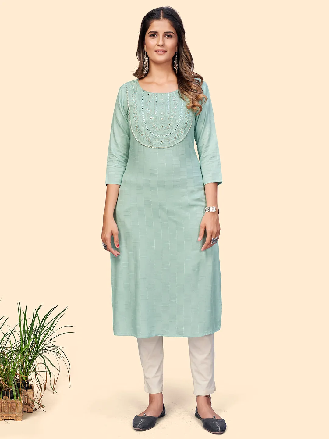 Women'S Embroidered & Mirror Straight Fancy Rayon Grey Stitched Kurta