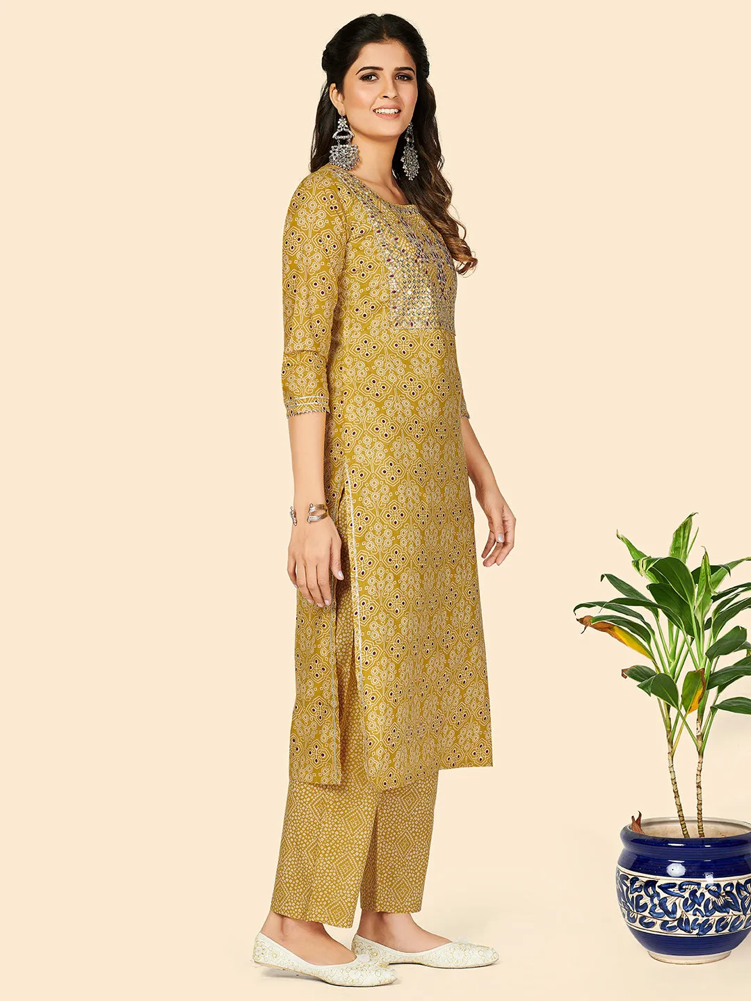 Women'S Embroidered & Sequience Work Straight Cotton Yellow Stitched Kurta Pant With Dupatta