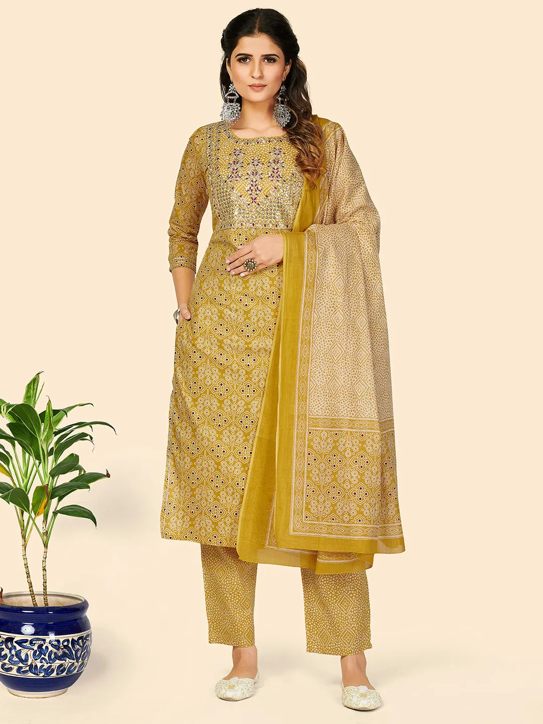 Women'S Embroidered & Sequience Work Straight Cotton Yellow Stitched Kurta Pant With Dupatta