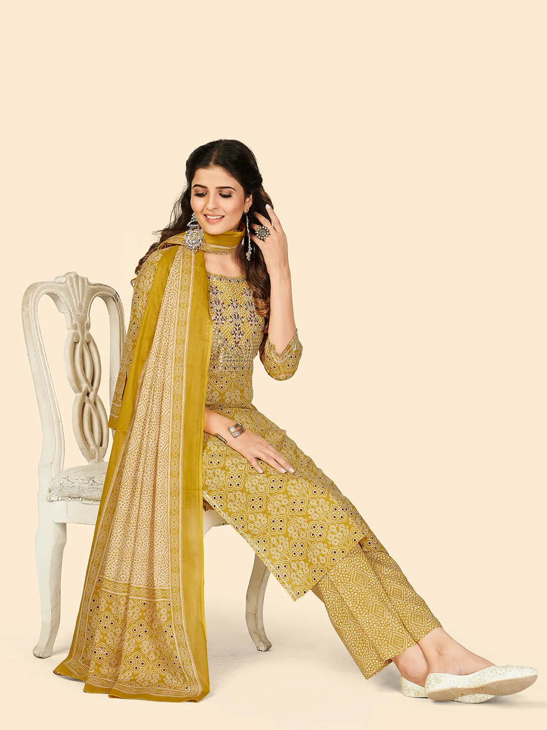 Women'S Embroidered & Sequience Work Straight Cotton Yellow Stitched Kurta Pant With Dupatta