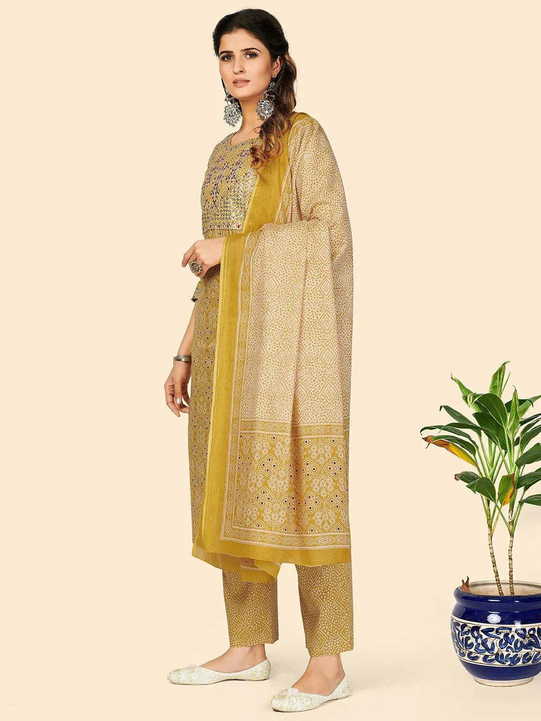 Women'S Embroidered & Sequience Work Straight Cotton Yellow Stitched Kurta Pant With Dupatta