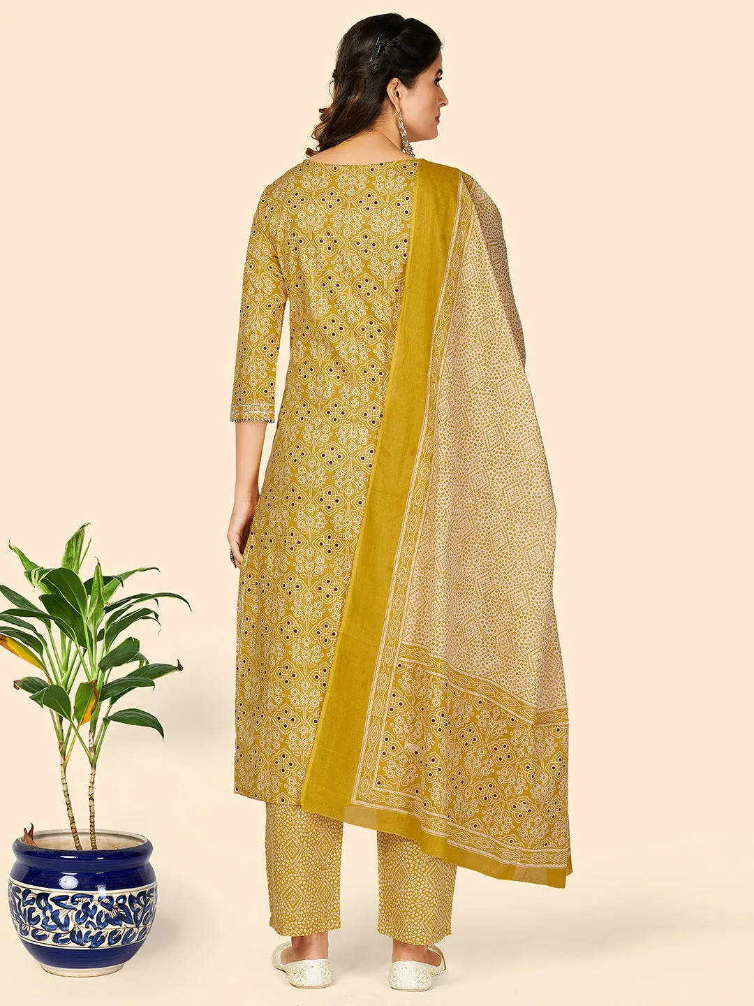 Women'S Embroidered & Sequience Work Straight Cotton Yellow Stitched Kurta Pant With Dupatta