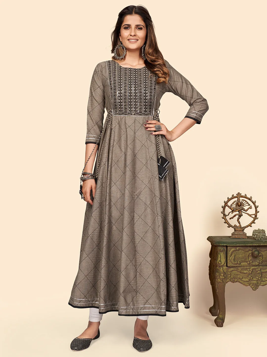 Women'S Embroidered Anarkali Cotton Bland Brown Stitched Kurta