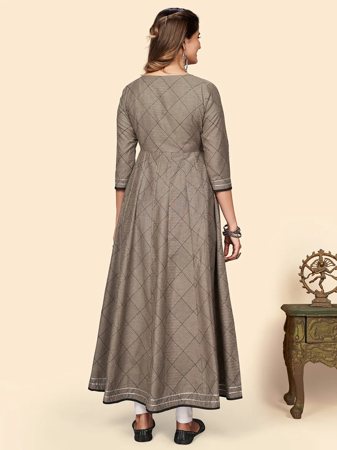 Women'S Embroidered Anarkali Cotton Bland Brown Stitched Kurta