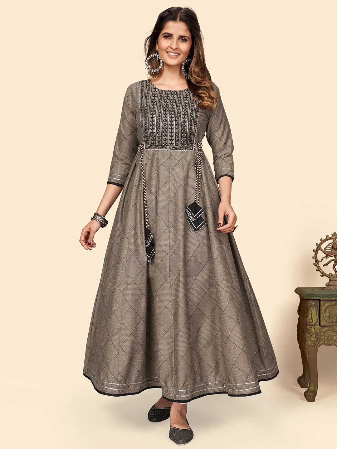 Women'S Embroidered Anarkali Cotton Bland Brown Stitched Kurta