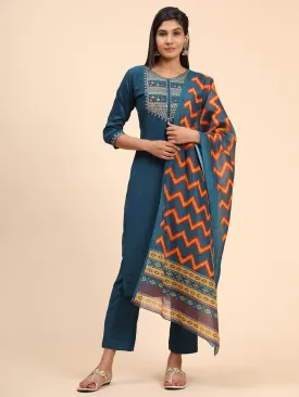 Women'S Embroidered Straight Chinon Blue Stitched Kurta Pant With Dupatta