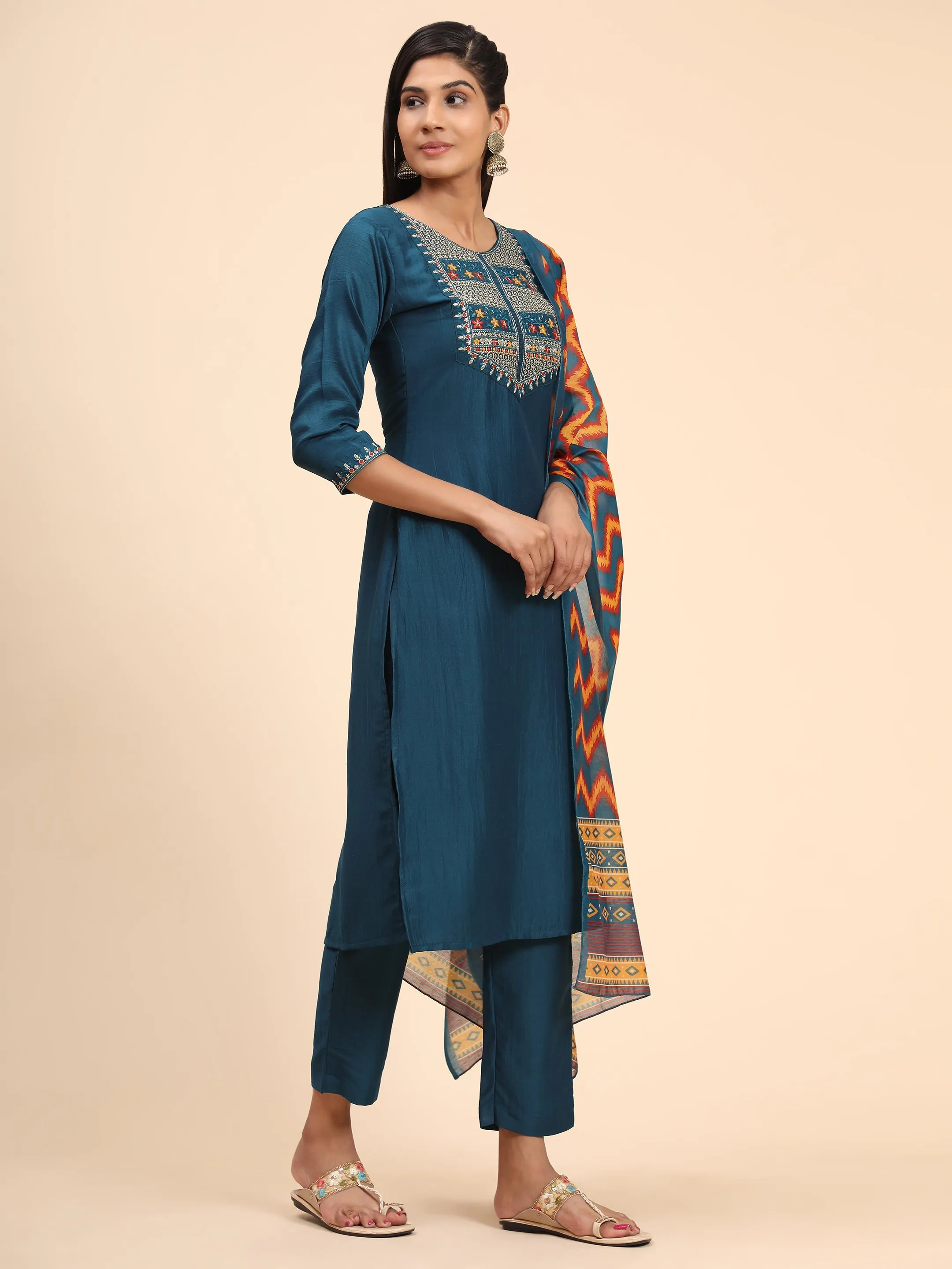 Women'S Embroidered Straight Chinon Blue Stitched Kurta Pant With Dupatta