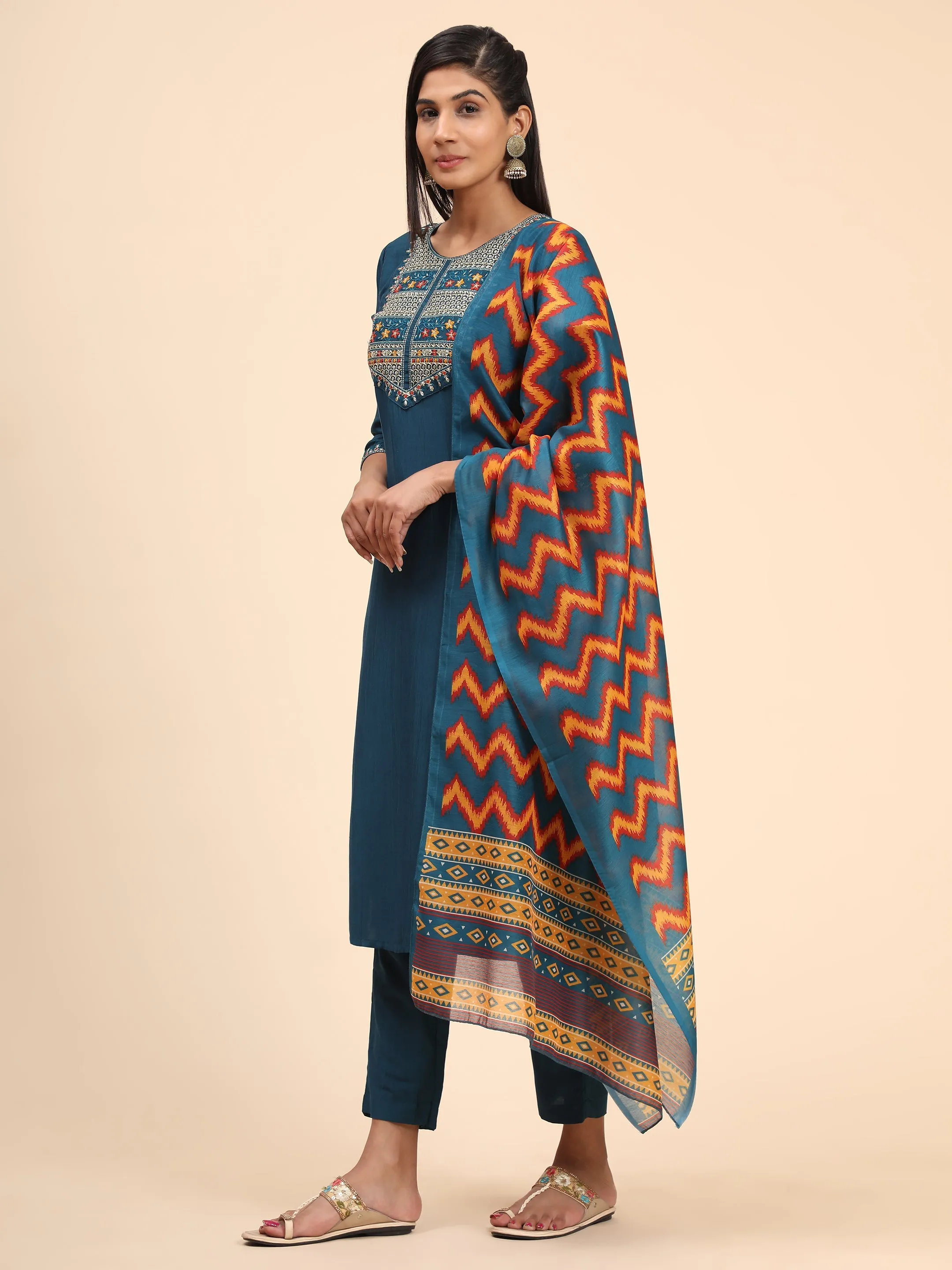 Women'S Embroidered Straight Chinon Blue Stitched Kurta Pant With Dupatta