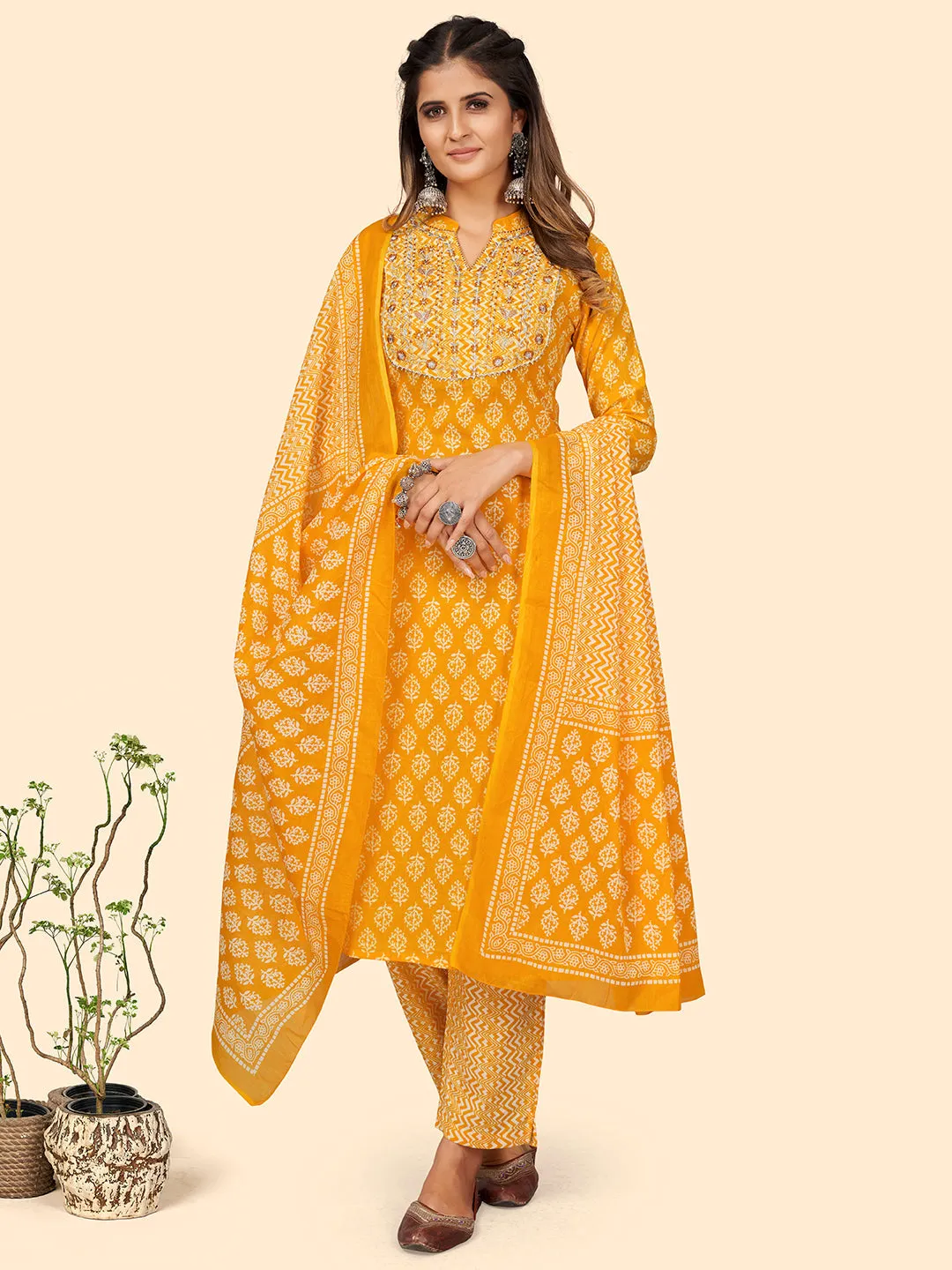 Women'S Embroidered Straight Cotton Yellow Stitched Kurta Pant With Dupatta