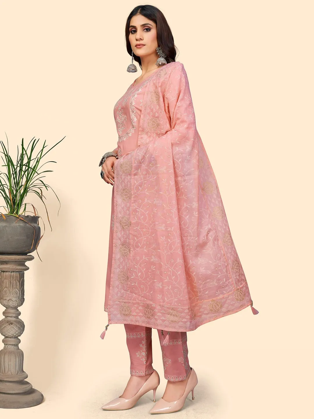 Women'S Embroidered Straight Rayon Light Pink Stitched Kurta Pant With Dupatta