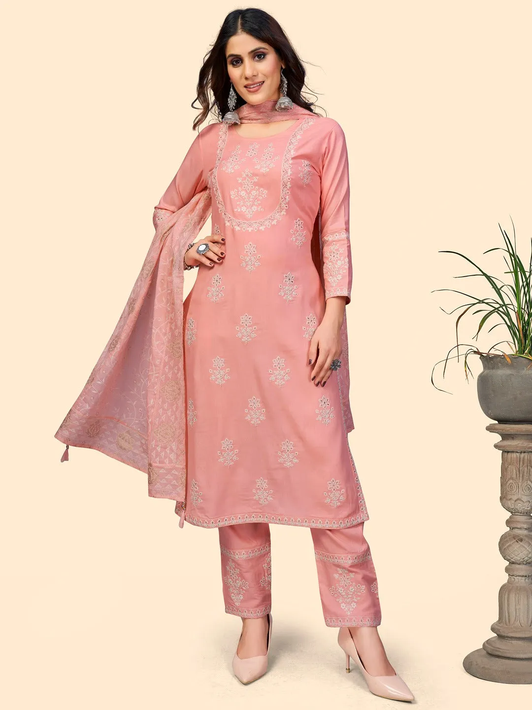 Women'S Embroidered Straight Rayon Light Pink Stitched Kurta Pant With Dupatta