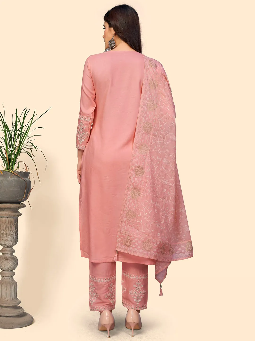 Women'S Embroidered Straight Rayon Light Pink Stitched Kurta Pant With Dupatta