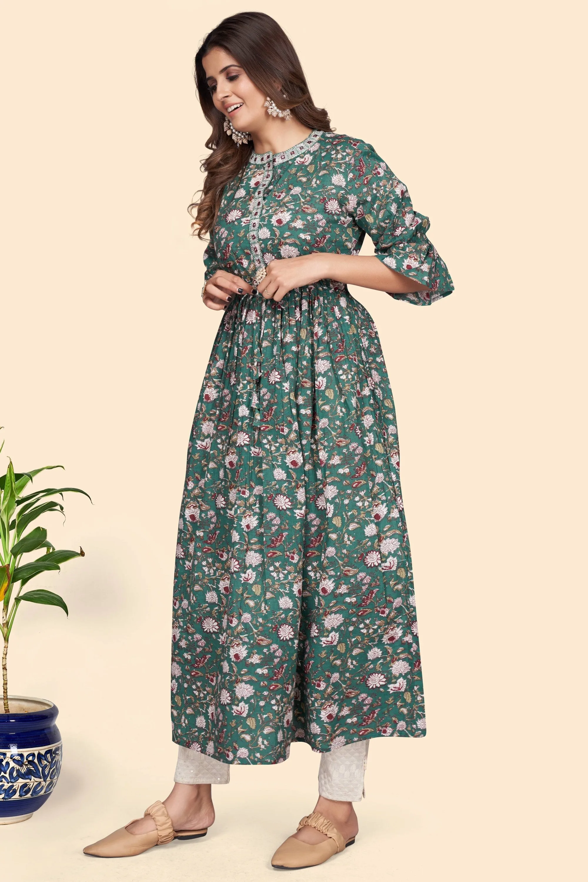 Women'S Floral Print A-Line Cotton Aqua Stitched Kurta