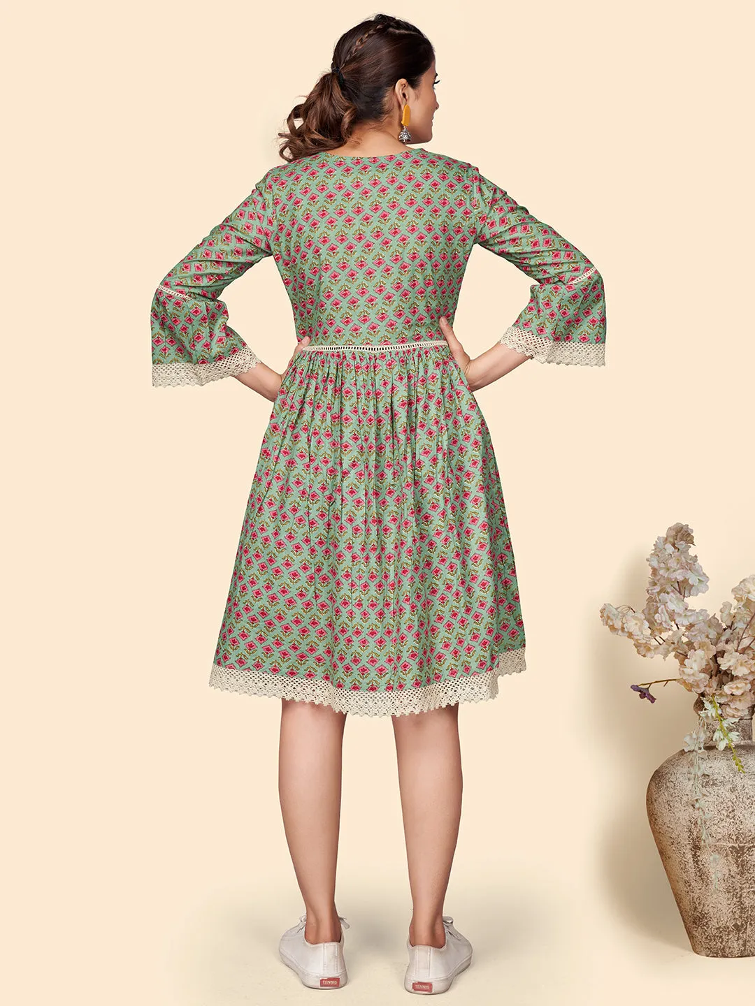 Women'S Floral Print Flared Cotton Olive Stitched Dress