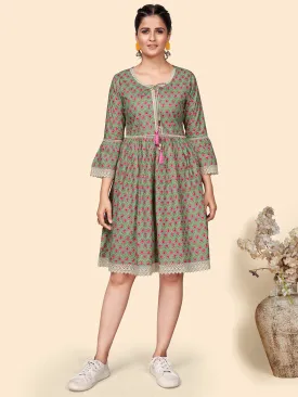 Women'S Floral Print Flared Cotton Olive Stitched Dress