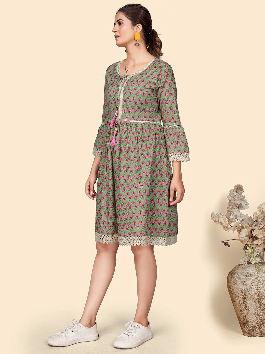 Women'S Floral Print Flared Cotton Olive Stitched Dress