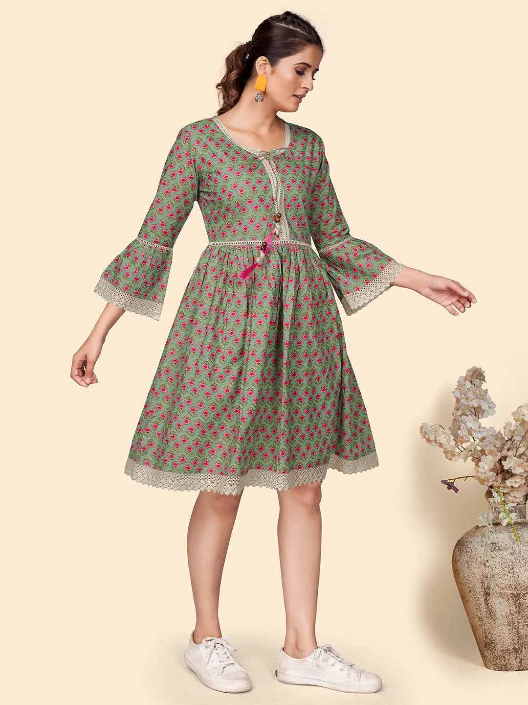 Women'S Floral Print Flared Cotton Olive Stitched Dress