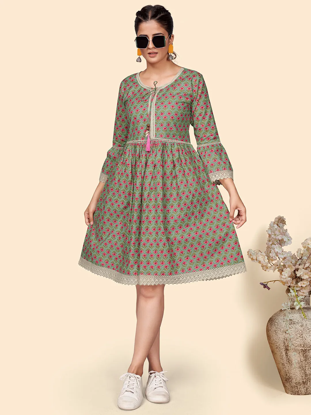 Women'S Floral Print Flared Cotton Olive Stitched Dress