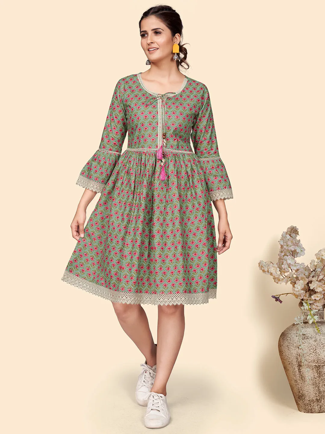 Women'S Floral Print Flared Cotton Olive Stitched Dress