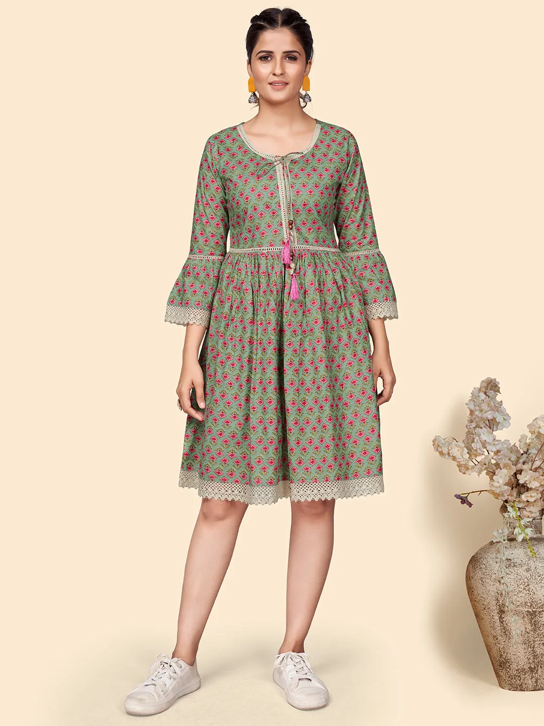 Women'S Floral Print Flared Cotton Olive Stitched Dress