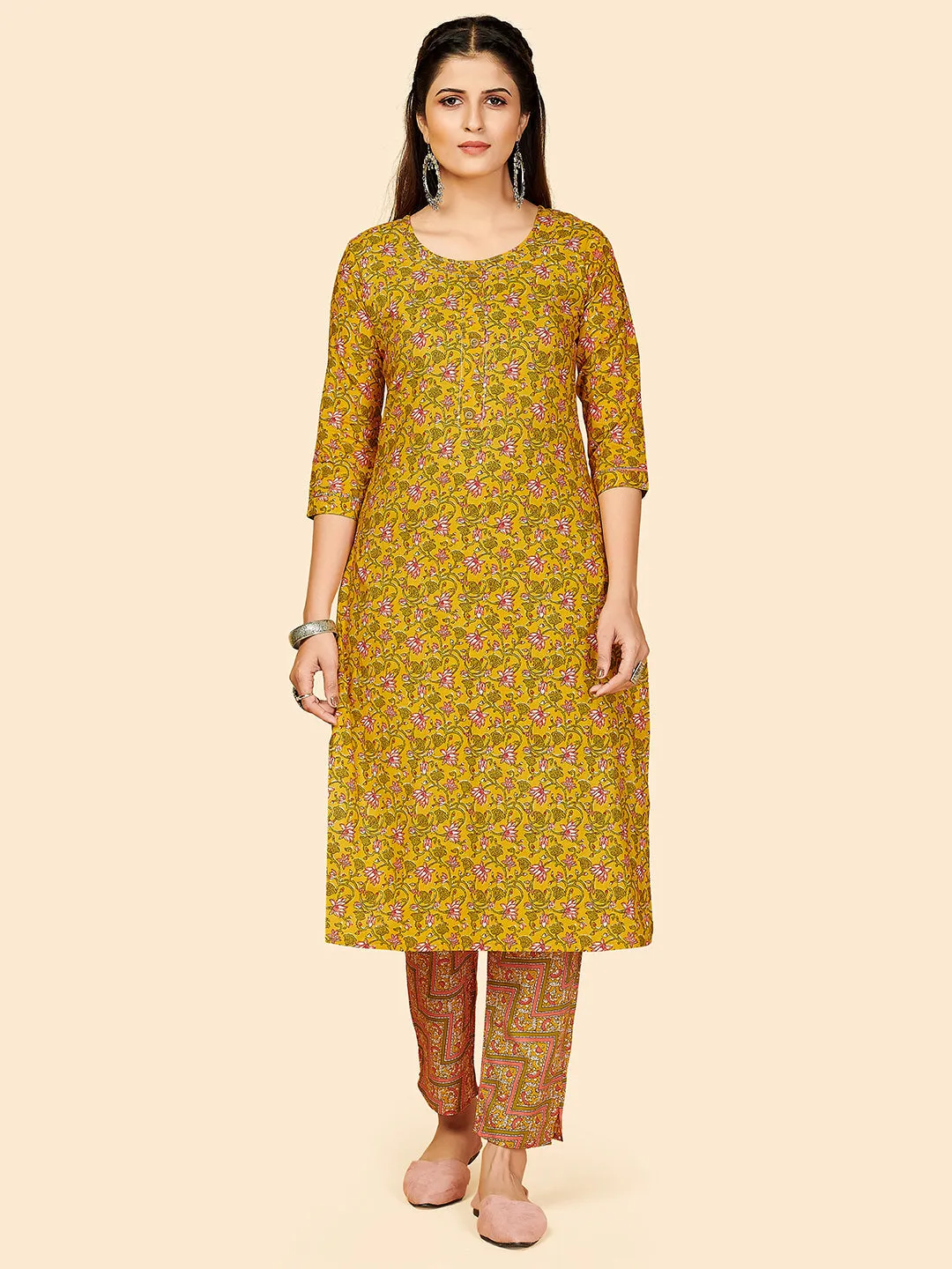 Women'S Floral Print Straight Cotton Yellow Stitched Kurta With Pant