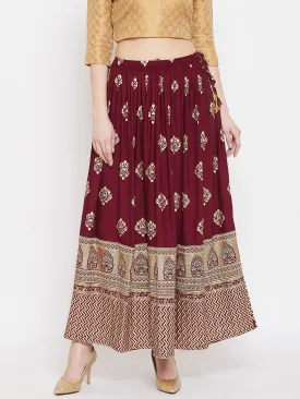 Women'S Maroon Flared Printed Maxi Skirt