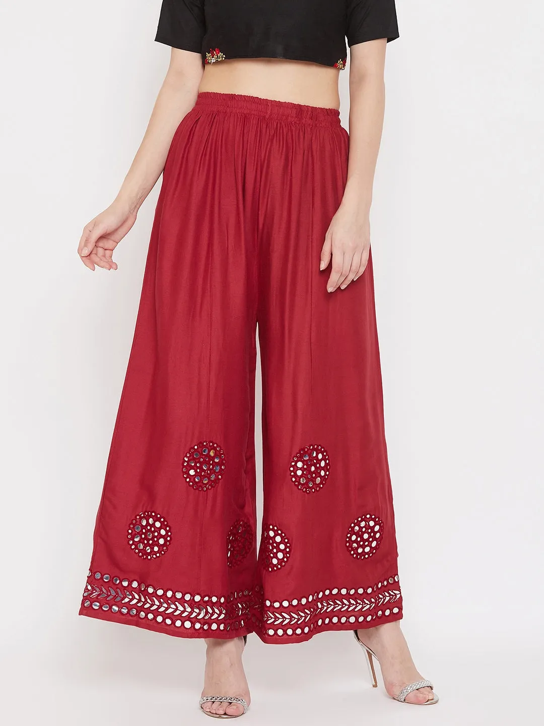 Women'S Maroon Mirror Work Rayon Sharara