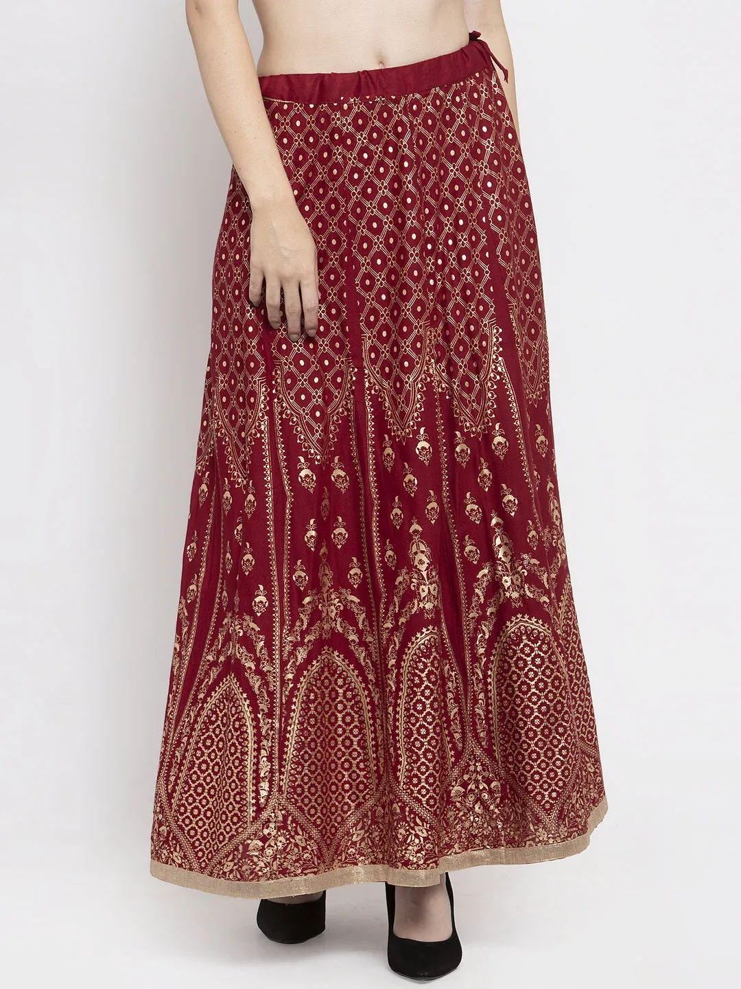 Women'S Maroon Printed Flared Rayon Skirt