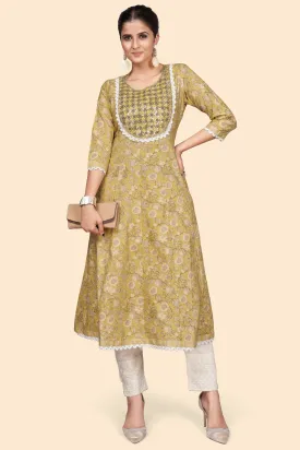 Women'S Print & Embroidered A-Line Cotton Yellow Stitched Kurta