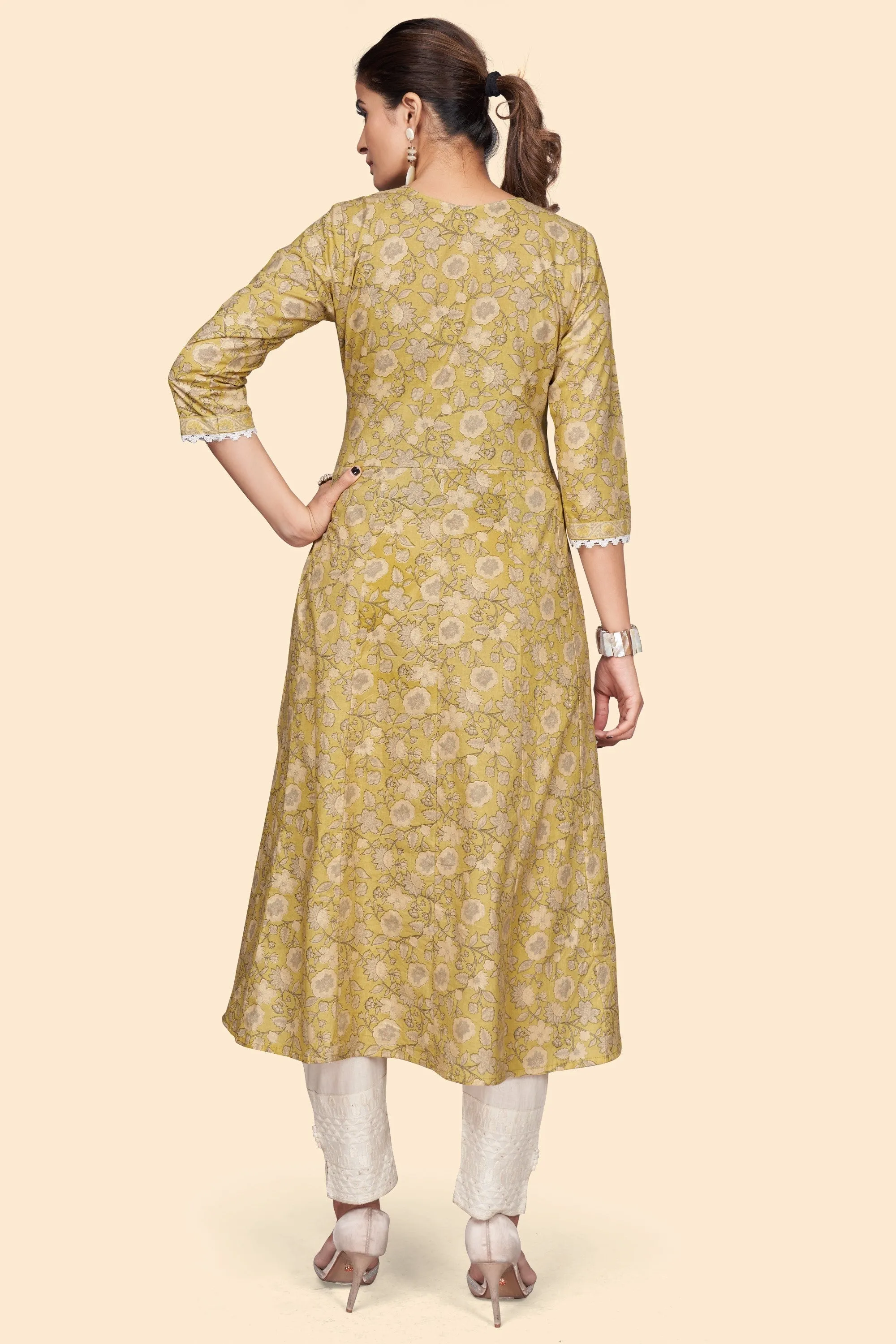 Women'S Print & Embroidered A-Line Cotton Yellow Stitched Kurta