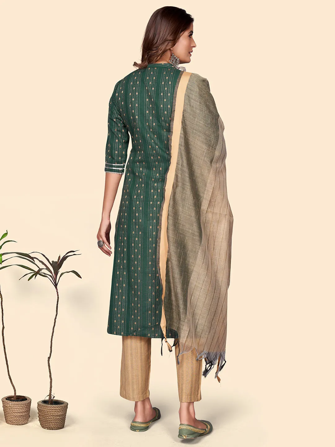 Women'S Print & Embroidered Straight Cotton Blend Green Stitched Kurta Pant With Dupatta