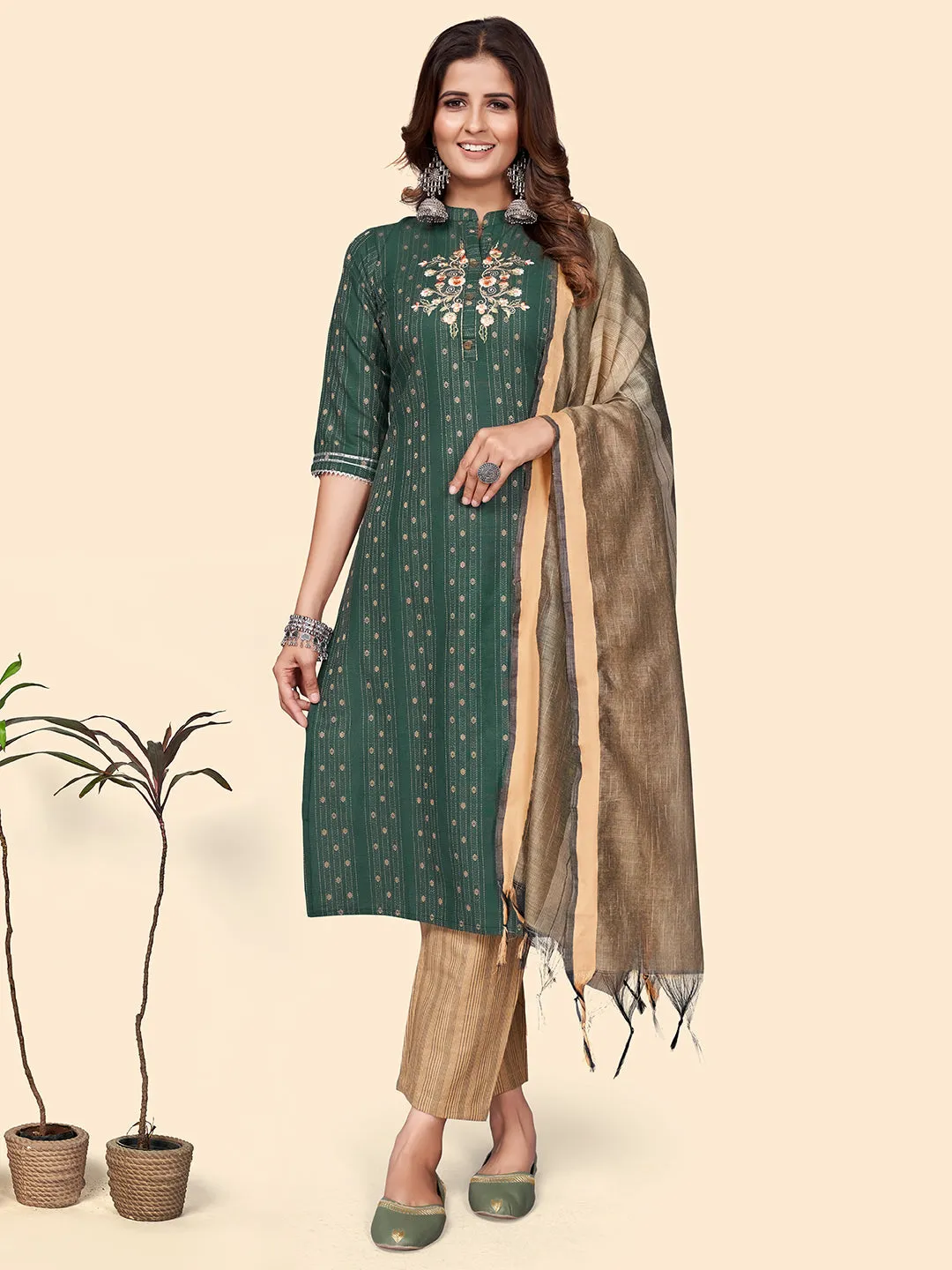 Women'S Print & Embroidered Straight Cotton Blend Green Stitched Kurta Pant With Dupatta