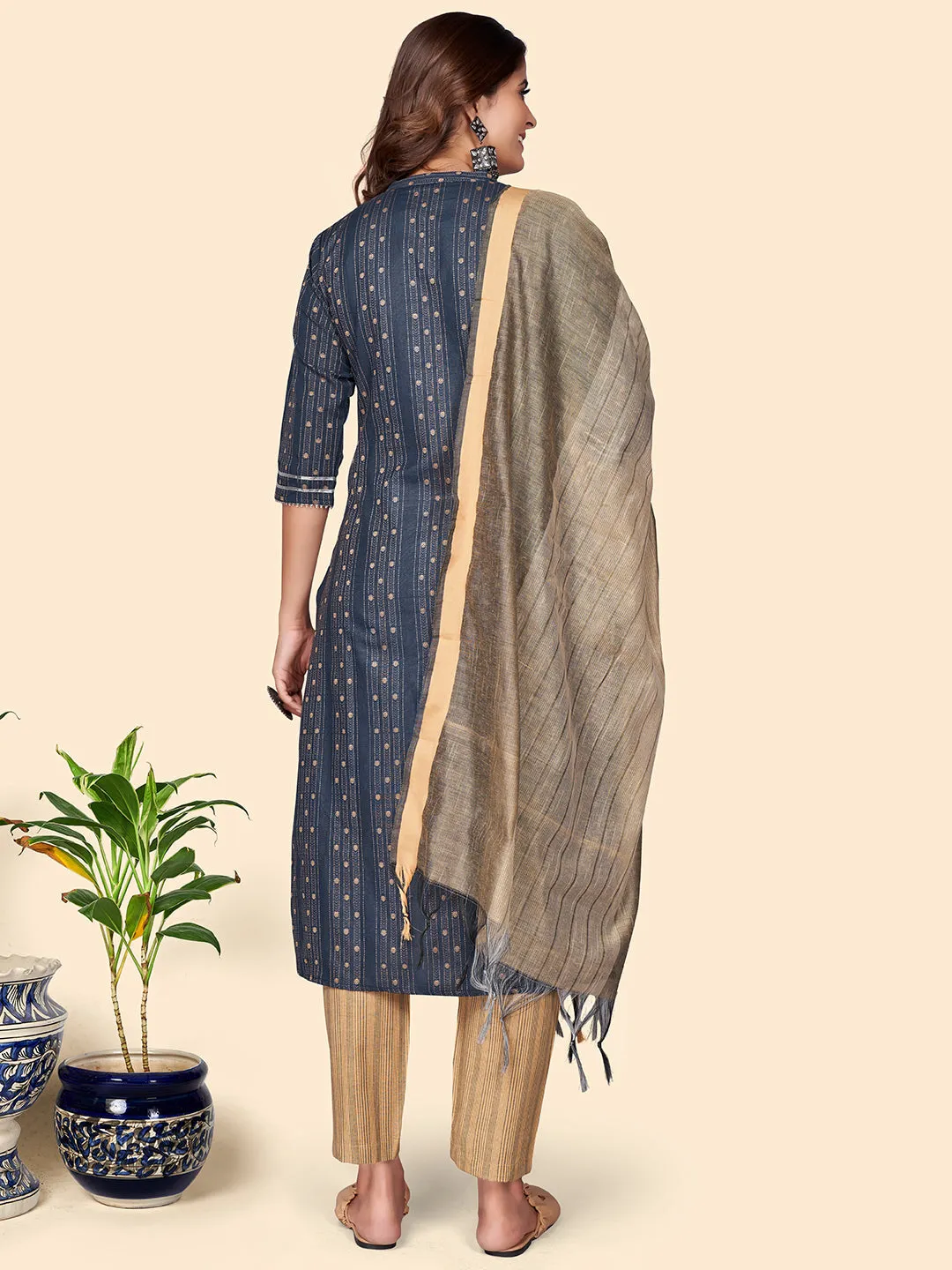 Women'S Print & Embroidered Straight Cotton Blend Navy Blue Stitched Kurta Pant With Dupatta