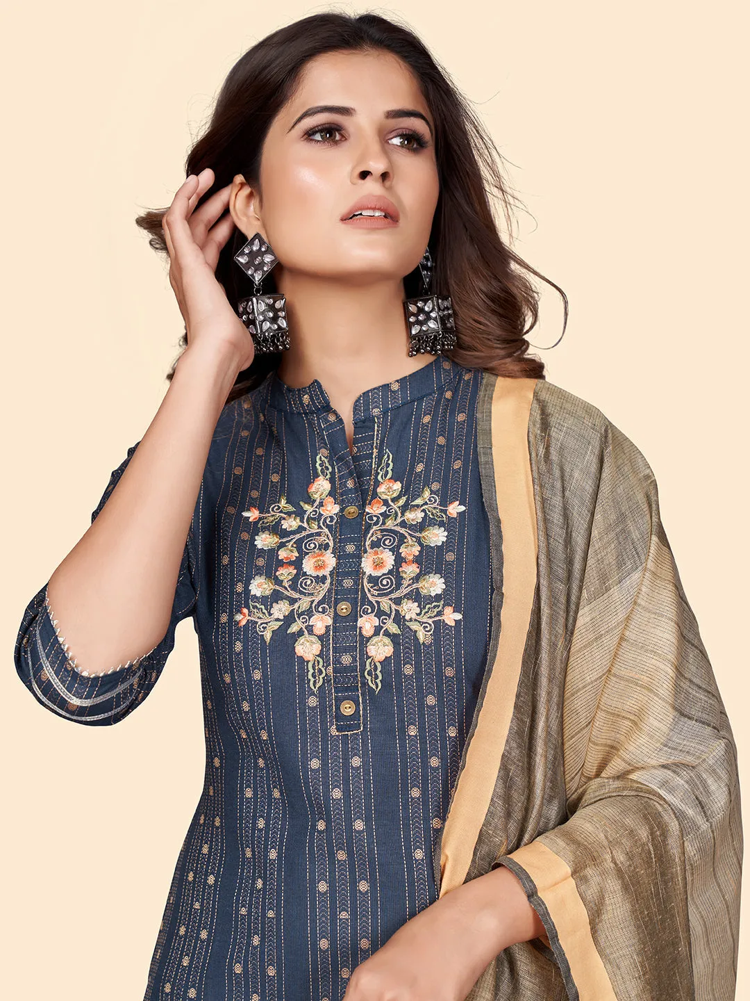 Women'S Print & Embroidered Straight Cotton Blend Navy Blue Stitched Kurta Pant With Dupatta