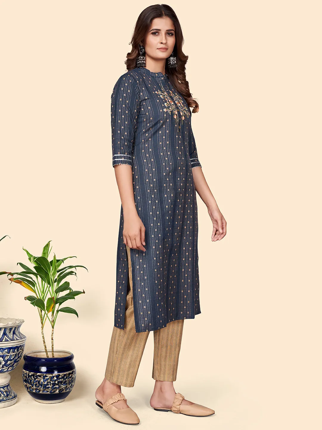 Women'S Print & Embroidered Straight Cotton Blend Navy Blue Stitched Kurta Pant With Dupatta