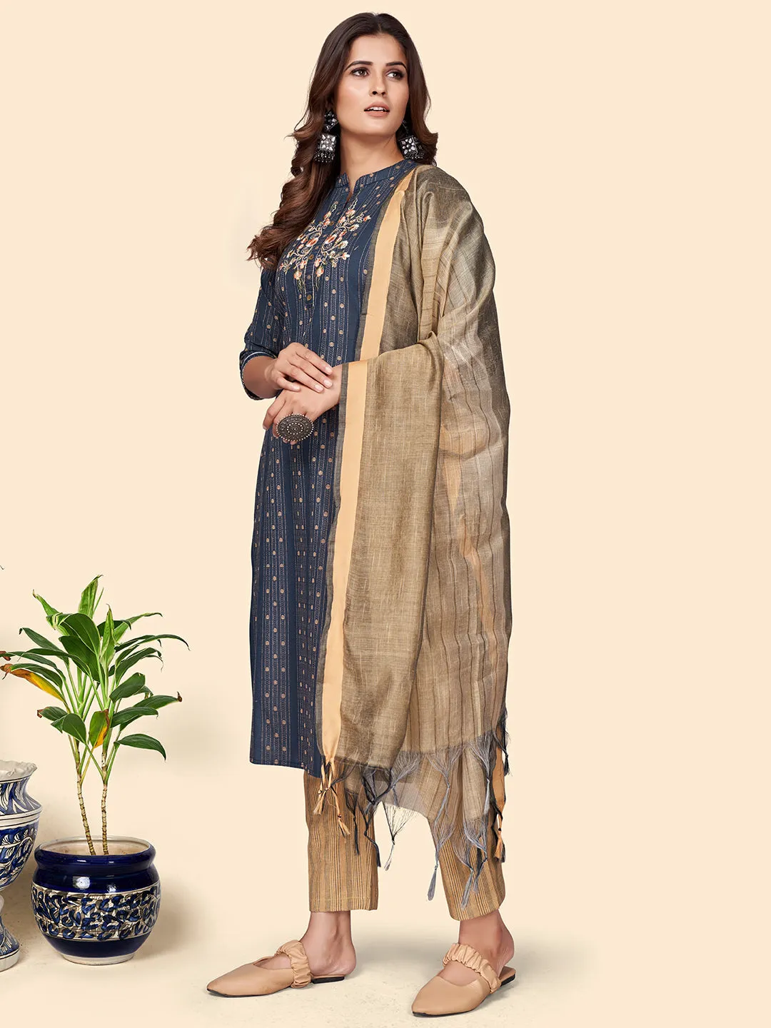 Women'S Print & Embroidered Straight Cotton Blend Navy Blue Stitched Kurta Pant With Dupatta