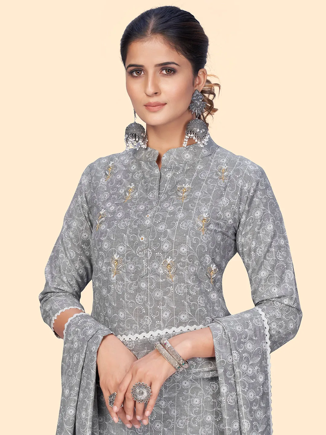 Women'S Print & Embroidered Straight Cotton Light Grey Stitched Kurta Pant With Dupatta