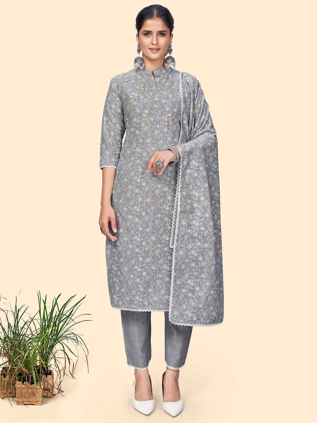 Women'S Print & Embroidered Straight Cotton Light Grey Stitched Kurta Pant With Dupatta