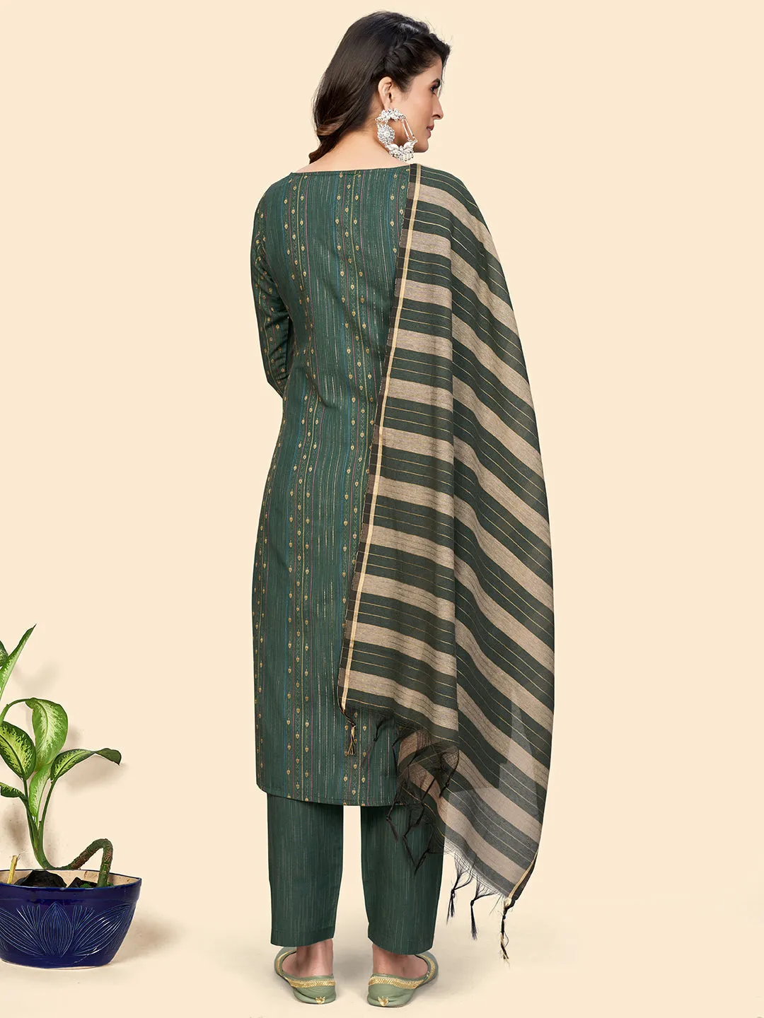 Women'S Print & Embroidered Straight Cotton See Green Stitched Kurta Pant With Dupatta