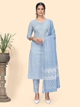 Women'S Print & Embroidered Straight Cotton Sky Blue Stitched Kurta Pant With Dupatta