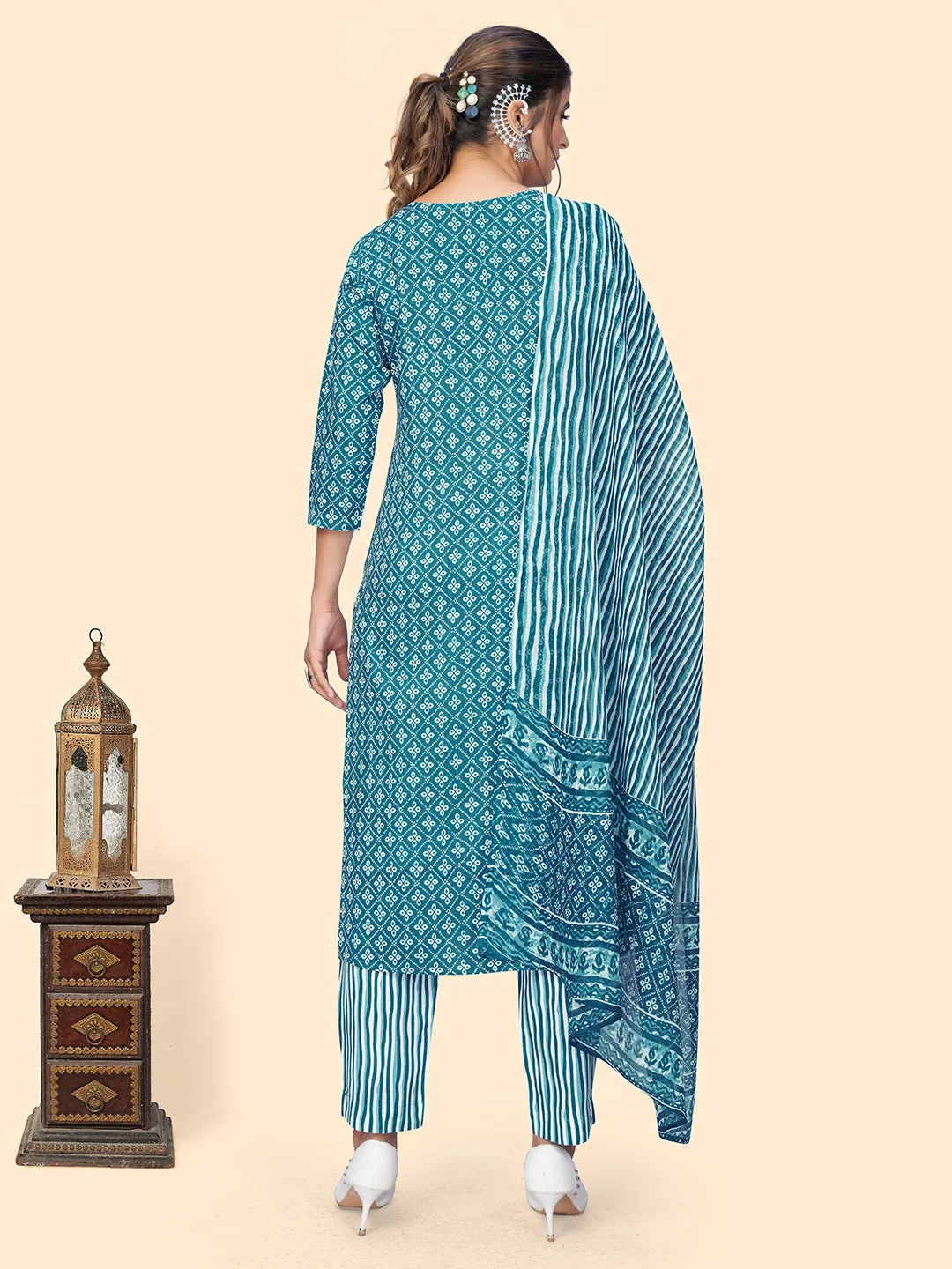 Women'S Print & Embroidered Straight Rayon Blue Stitched Kurta Pant With Dupatta