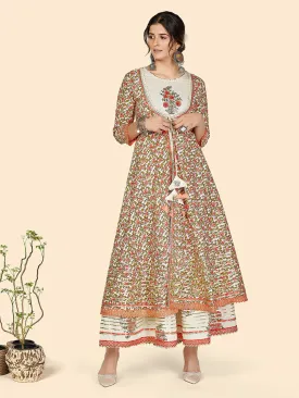 Women'S Print & Hand Work Anarkali Cotton Cream Stitched Kurta With Shrug