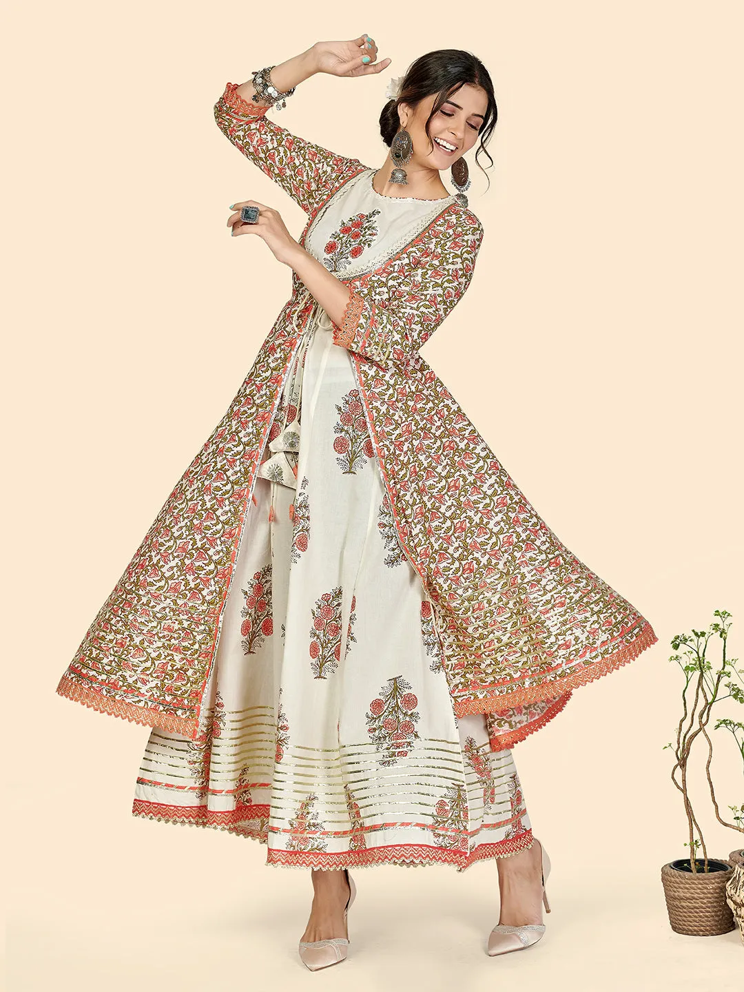 Women'S Print & Hand Work Anarkali Cotton Cream Stitched Kurta With Shrug