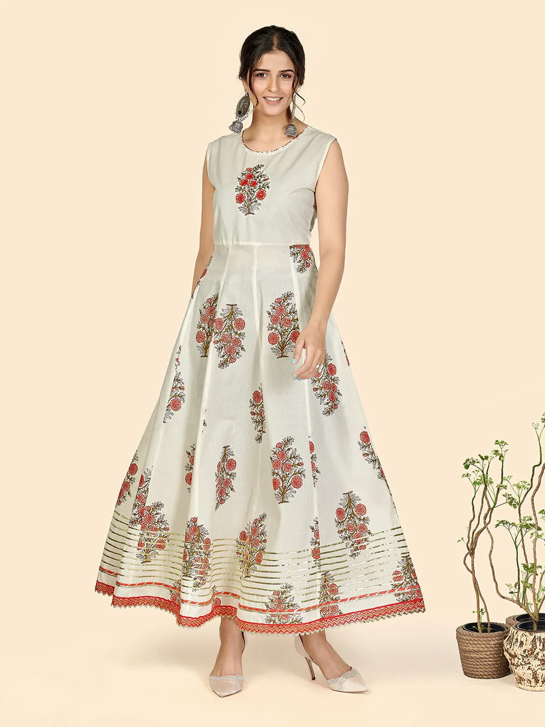 Women'S Print & Hand Work Anarkali Cotton Cream Stitched Kurta With Shrug