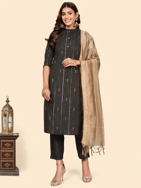 Women'S Print & Striped Straight Cotton Brown Stitched Kurta Pant With Dupatta