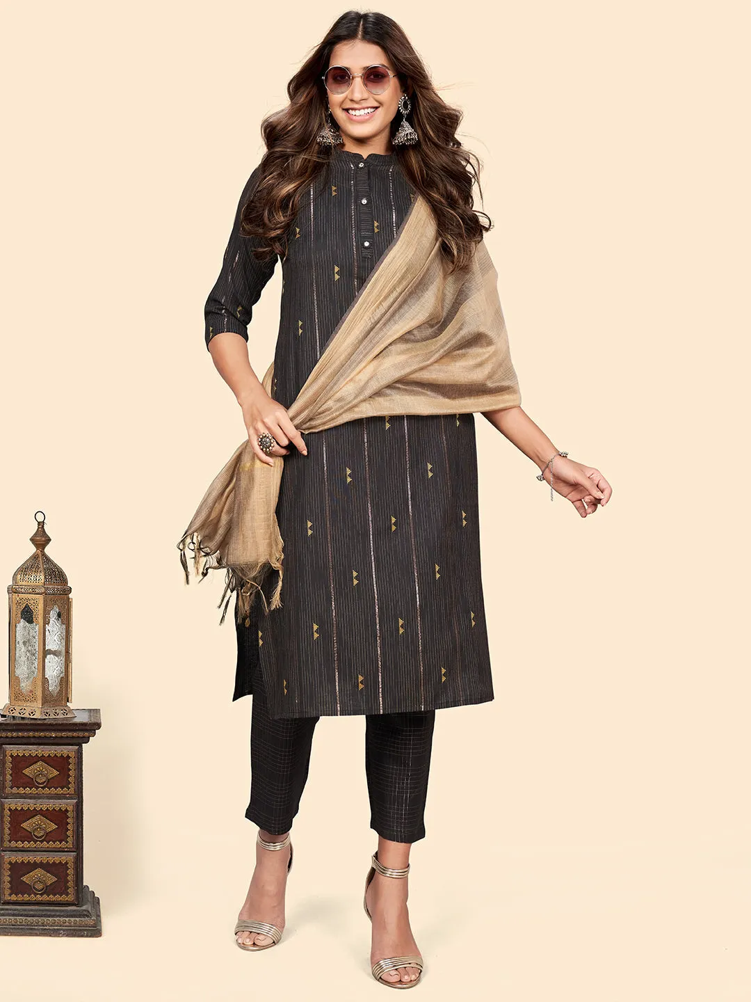 Women'S Print & Striped Straight Cotton Brown Stitched Kurta Pant With Dupatta