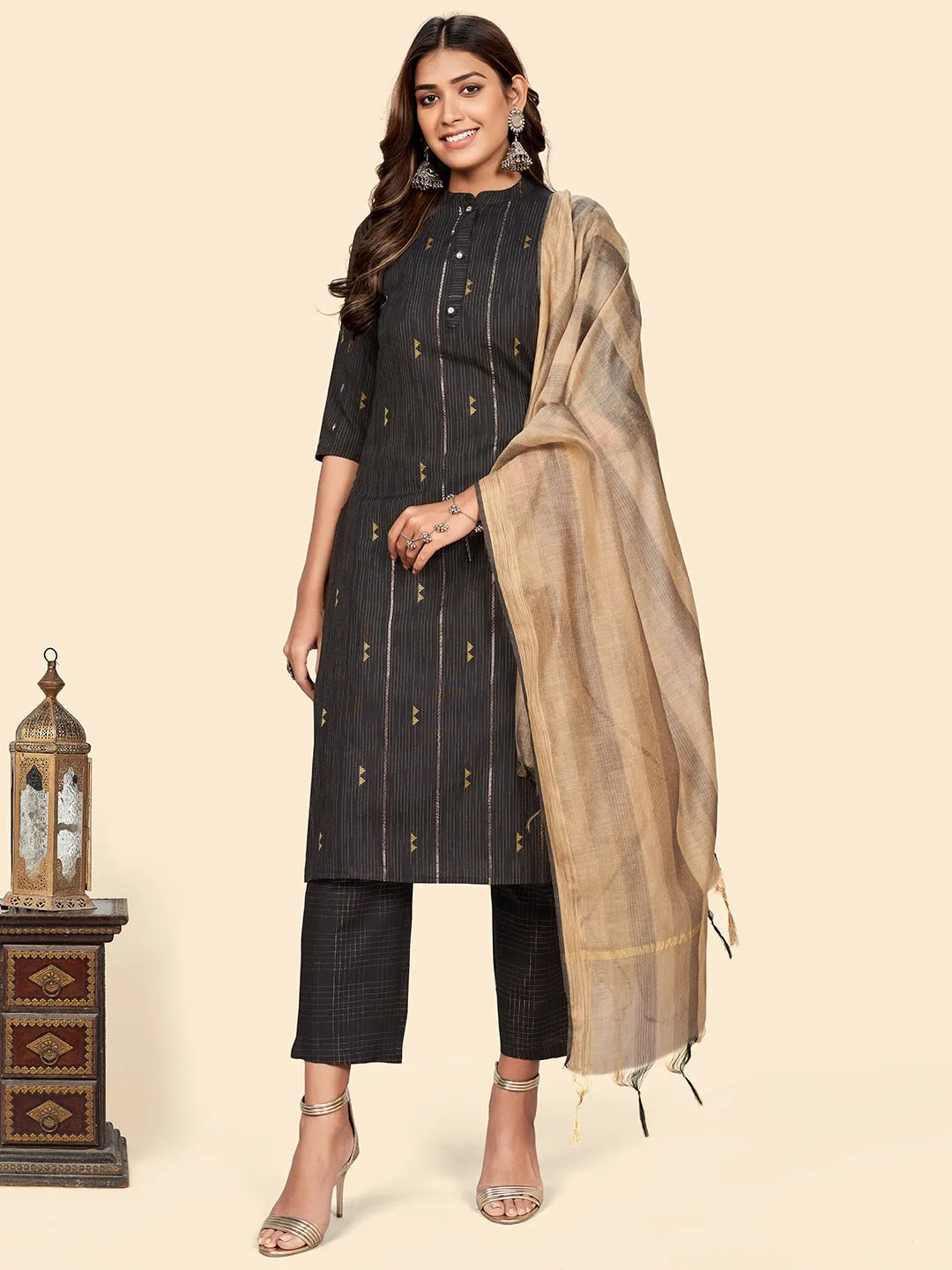 Women'S Print & Striped Straight Cotton Brown Stitched Kurta Pant With Dupatta