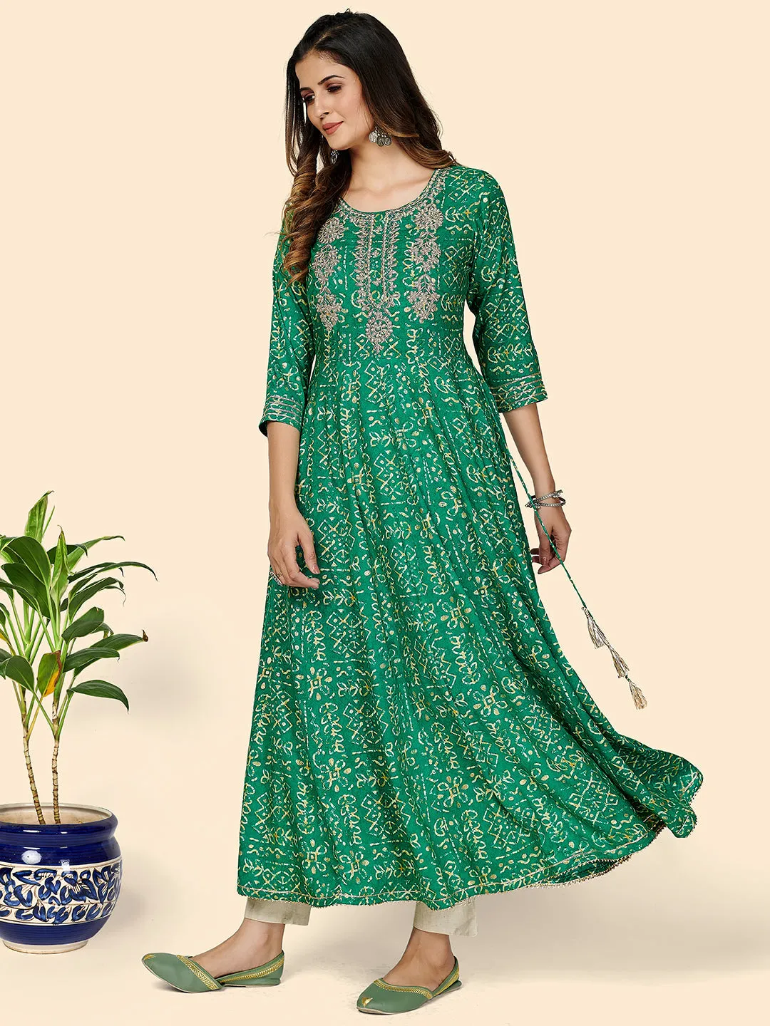 Women'S Printed & Embroidered Anarkali Rayon Turquoise Stitched Kurta